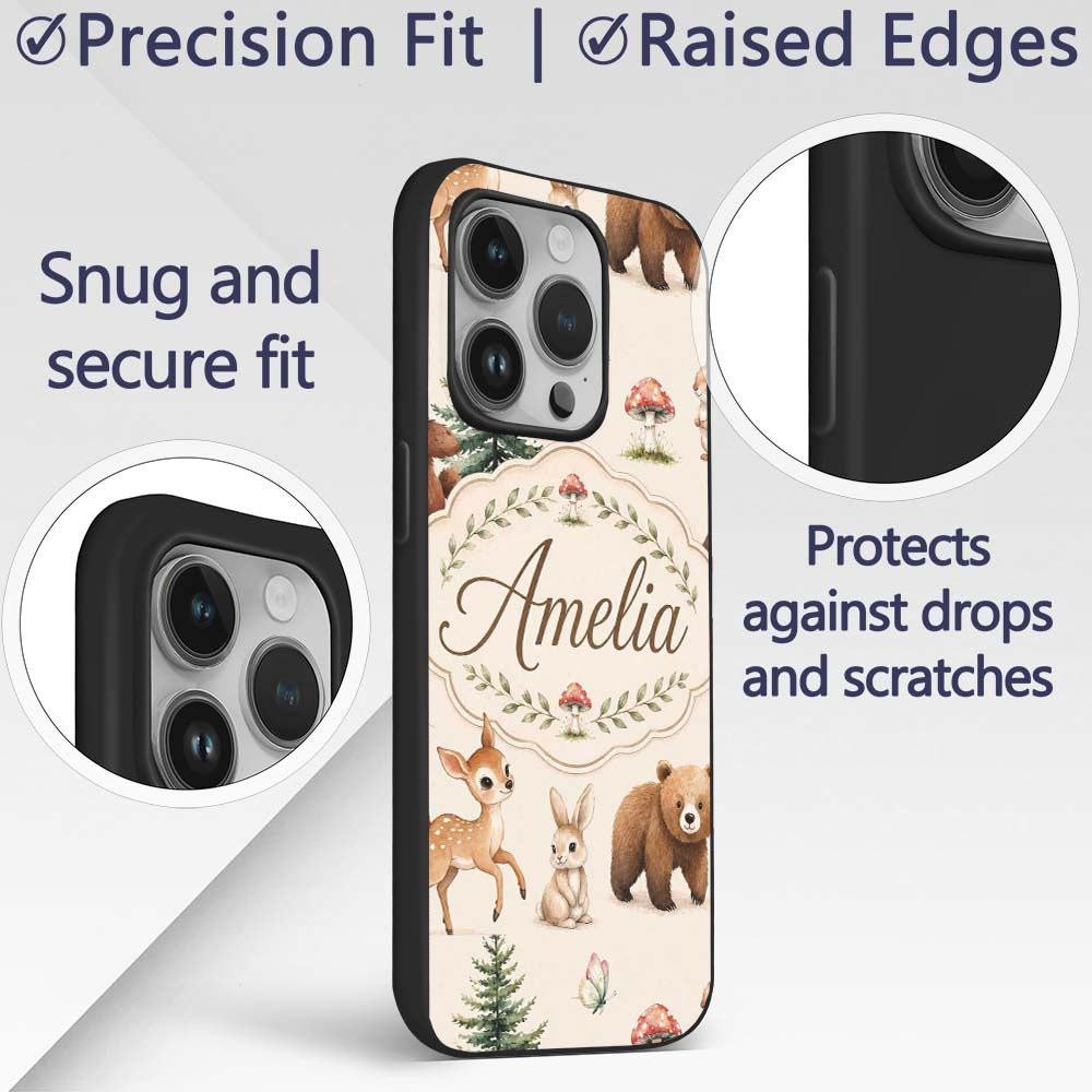 Cute Woodland Forest Animals Bear Bunny Deer on Custom Name Protective Phone Case Mobile Cover Durable Everyday Smartphone Shock Resistant
