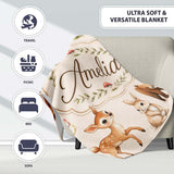 Cute Woodland Forest Animals Bear Bunny Deer on Sage Green Lovely  Personalised Custom Name Super Soft Fleece Blanket Bed Sofa Throw
