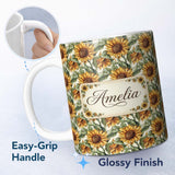 Personalized Custom Name Realistic Sunflower Floral Seamless Pattern Detailed Botanical 11oz Ceramic Coffee Tea Mug White Large Handle