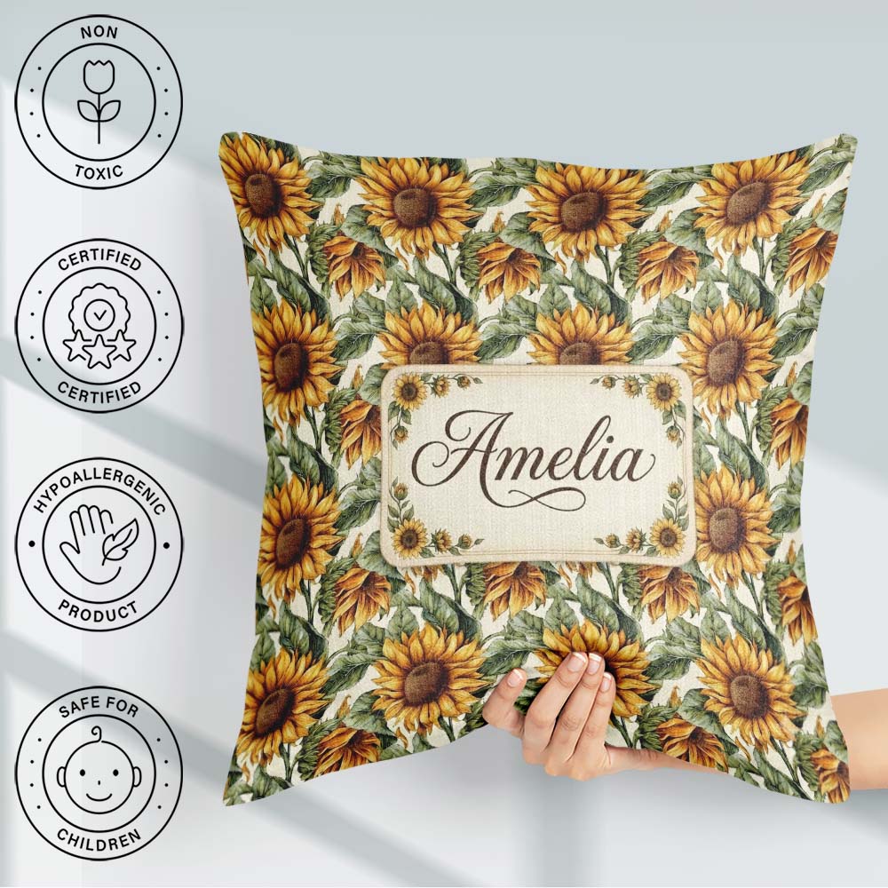 Custom Name Realistic Sunflower Floral Seamless Pattern Detailed Square Filled Cushion Throw Pillow Sofa Bed Home Decor Zip Washable UK Made