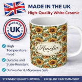 Personalized Custom Name Realistic Sunflower Floral Seamless Pattern Detailed Botanical 11oz Ceramic Coffee Tea Mug White Large Handle