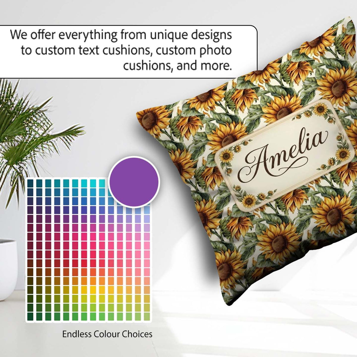 Custom Name Realistic Sunflower Floral Seamless Pattern Detailed Square Filled Cushion Throw Pillow Sofa Bed Home Decor Zip Washable UK Made