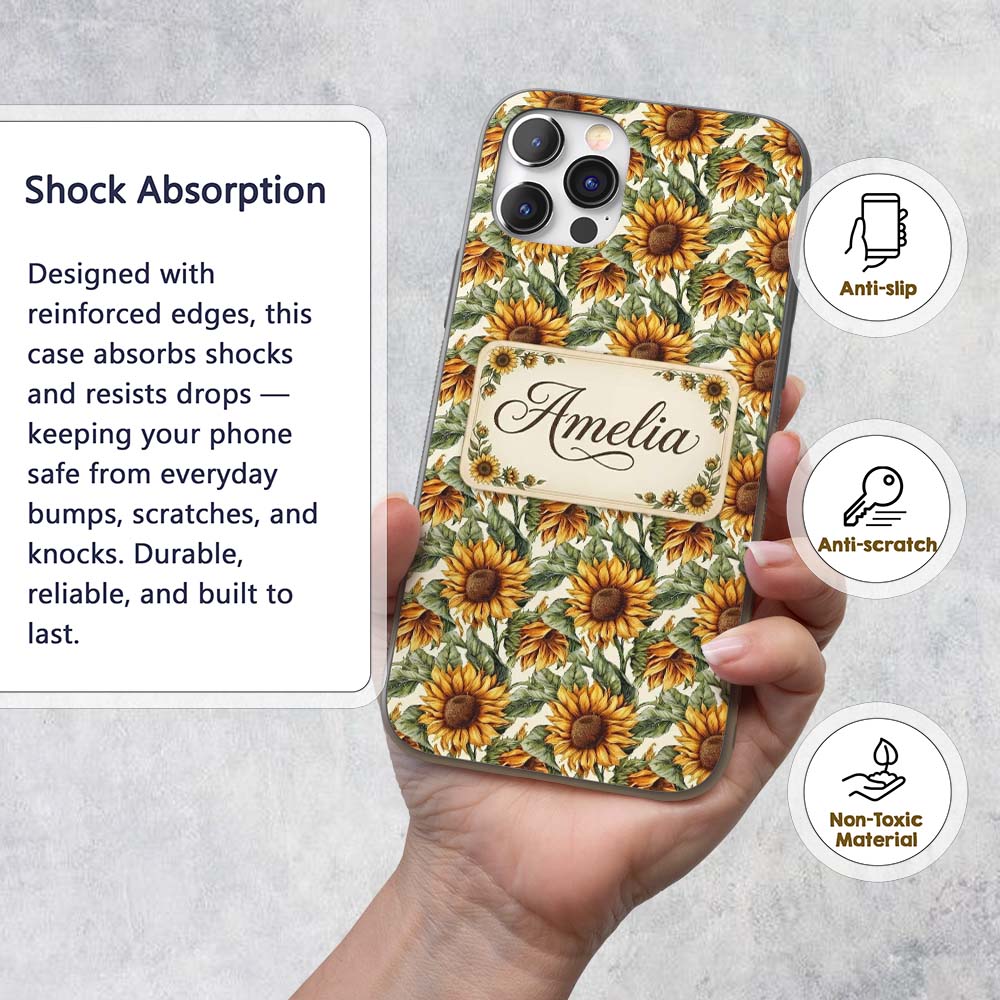 Realistic Sunflower Floral Decorative Design Custom Name Protective Phone Case Mobile Cover Durable Everyday Smartphone Shock Resistant