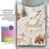 Cute Woodland Forest Animals Bear Bunny Deer on Sage Green Lovely  Personalised Custom Name Super Soft Fleece Blanket Bed Sofa Throw
