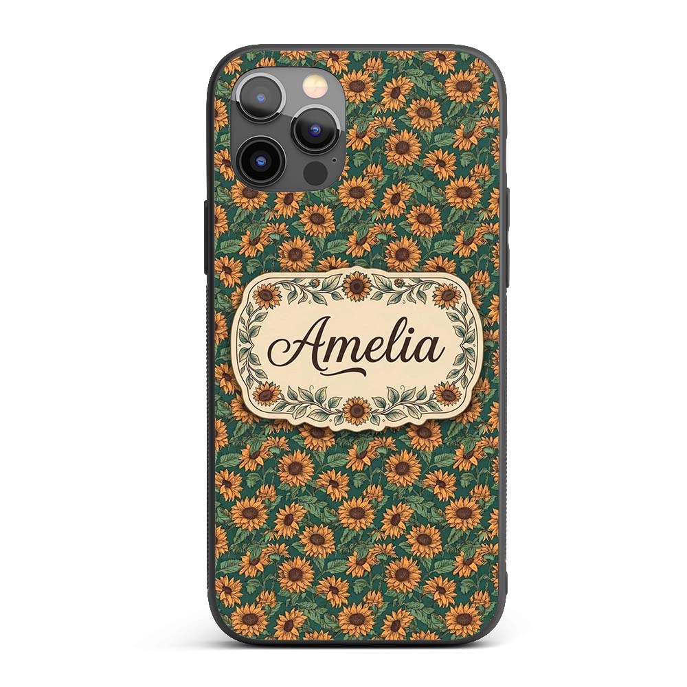 Dark Green Sunflower Floral Seamless Pattern Rich Custom Name Protective Phone Case Mobile Cover Durable Everyday Smartphone Shock Resistant