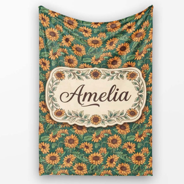 Dark Green Sunflower Floral Seamless Pattern Rich Botanical Garden  Personalised Custom Name Super Soft Fleece Blanket Bed Sofa Throw