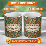 Personalized Custom Name Dark Green Sunflower Floral Seamless Pattern Rich Botanical Garden 11oz Ceramic Coffee Tea Mug White Large Handle