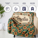 Dark Green Sunflower Floral Seamless Pattern Rich Botanical Garden  Personalised Custom Name Super Soft Fleece Blanket Bed Sofa Throw