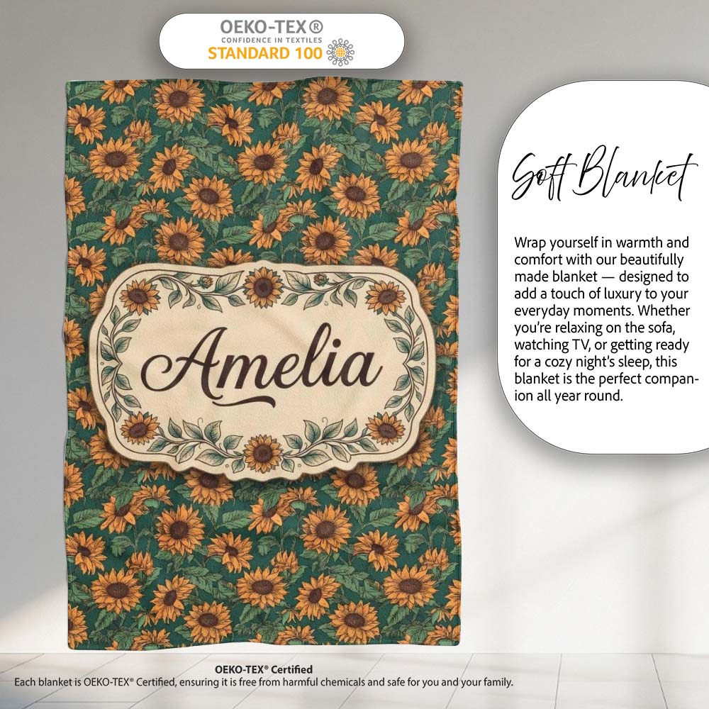 Dark Green Sunflower Floral Seamless Pattern Rich Botanical Garden  Personalised Custom Name Super Soft Fleece Blanket Bed Sofa Throw