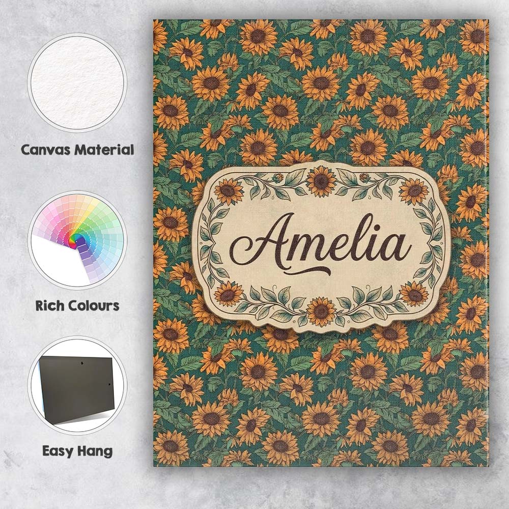 Personalised Name Dark Green Sunflower Custom  Modern Room Accent Elegant Feature Canvas Wall Art Print Decor Picture Ready to Hang