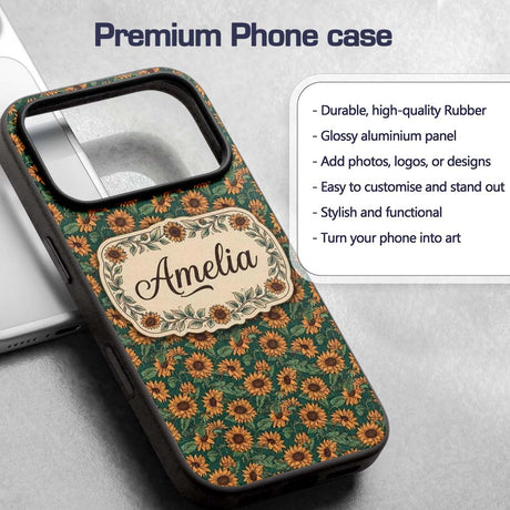 Dark Green Sunflower Floral Seamless Pattern Rich Custom Name Protective Phone Case Mobile Cover Durable Everyday Smartphone Shock Resistant
