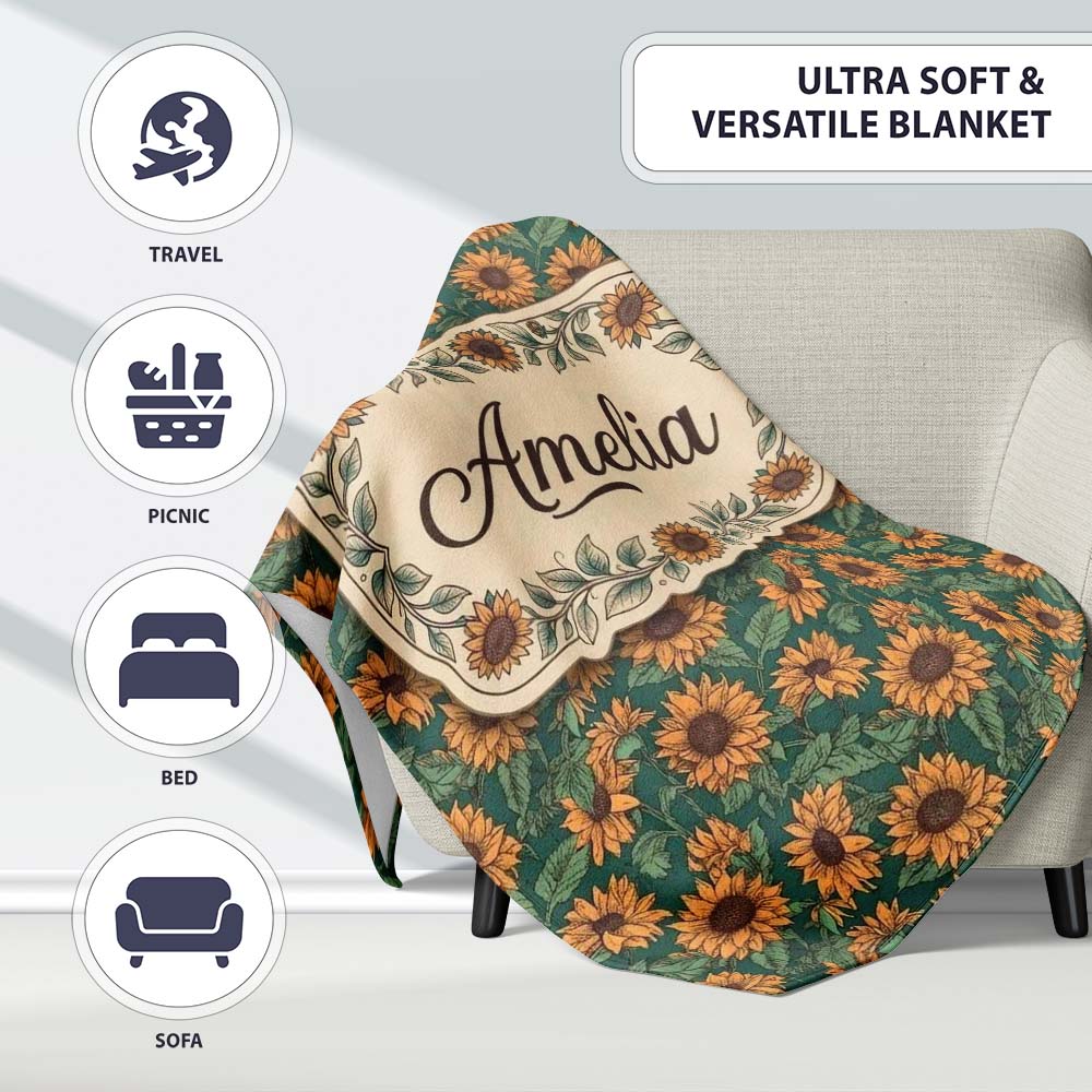 Dark Green Sunflower Floral Seamless Pattern Rich Botanical Garden  Personalised Custom Name Super Soft Fleece Blanket Bed Sofa Throw