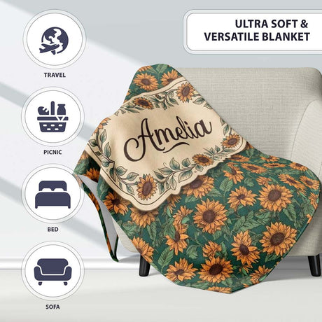 Dark Green Sunflower Floral Seamless Pattern Rich Botanical Garden  Personalised Custom Name Super Soft Fleece Blanket Bed Sofa Throw