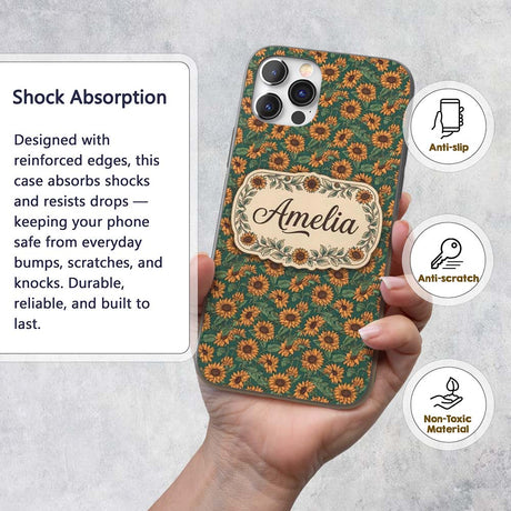 Dark Green Sunflower Floral Seamless Pattern Rich Custom Name Protective Phone Case Mobile Cover Durable Everyday Smartphone Shock Resistant