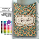 Dark Green Sunflower Floral Seamless Pattern Rich Botanical Garden  Personalised Custom Name Super Soft Fleece Blanket Bed Sofa Throw