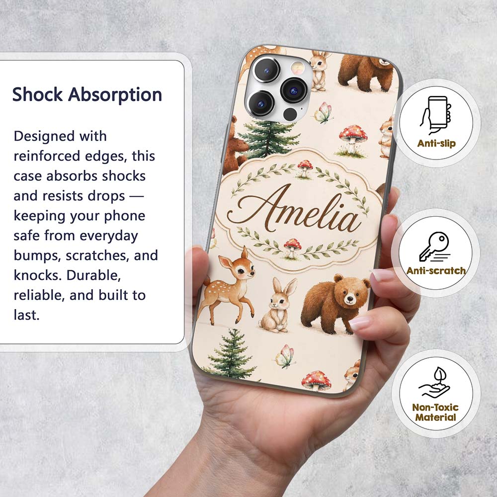 Cute Woodland Forest Animals Bear Bunny Deer on Custom Name Protective Phone Case Mobile Cover Durable Everyday Smartphone Shock Resistant