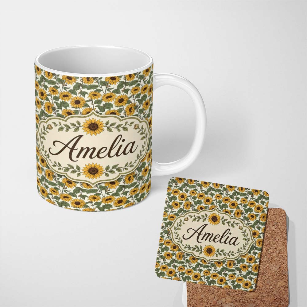 Personalized Custom Name Classic Sunflower Floral Seamless Pattern Natural Botanical Garden 11oz Ceramic Coffee Tea Mug White Large Handle