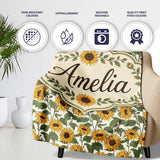 Classic Sunflower Floral Seamless Pattern Natural Botanical Garden  Personalised Custom Name Super Soft Fleece Blanket Bed Sofa Throw