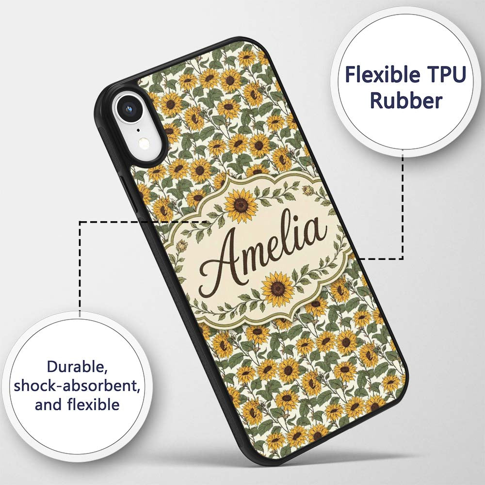Classic Sunflower Floral Seamless Pattern Natural Custom Name Protective Phone Case Mobile Cover Durable Everyday Smartphone Shock Resistant