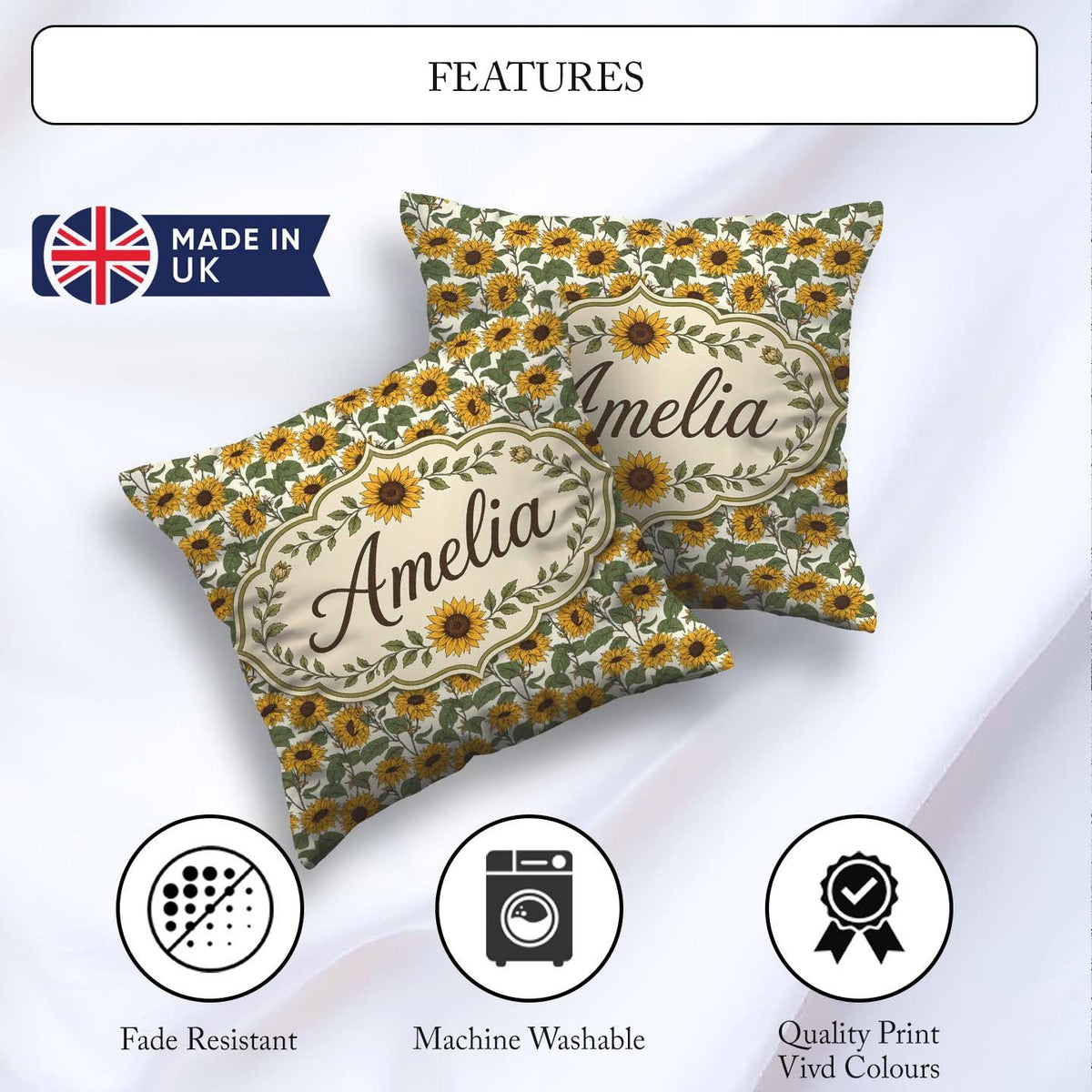 Custom Name Classic Sunflower Seamless Pattern Natural Botanical Square Filled Cushion Throw Pillow Sofa Bed Home Decor Zip Washable UK Made