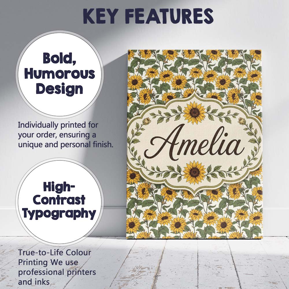 Personalised Name Classic Sunflower Floral Custom  Unique Gift Idea Elegant Feature Canvas Wall Art Print Decor Picture Ready to Hang