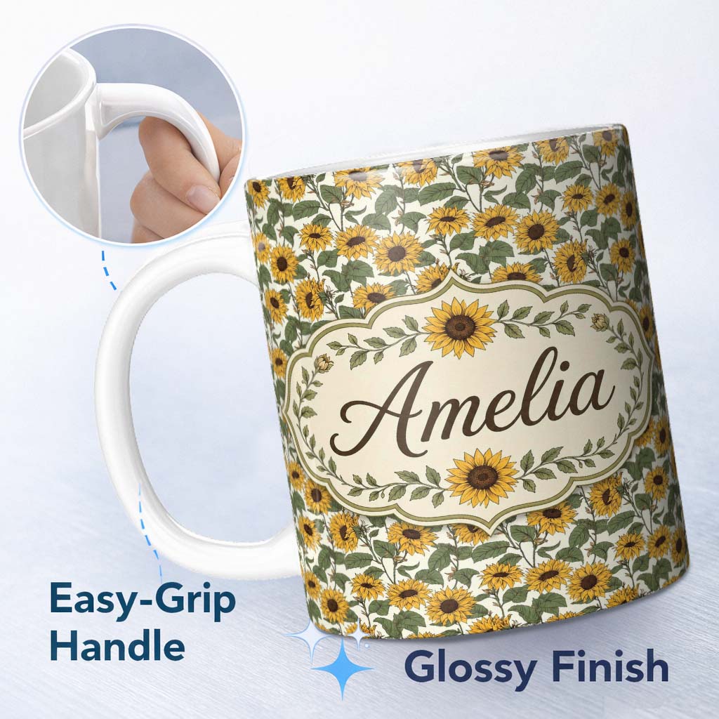 Personalized Custom Name Classic Sunflower Floral Seamless Pattern Natural Botanical Garden 11oz Ceramic Coffee Tea Mug White Large Handle