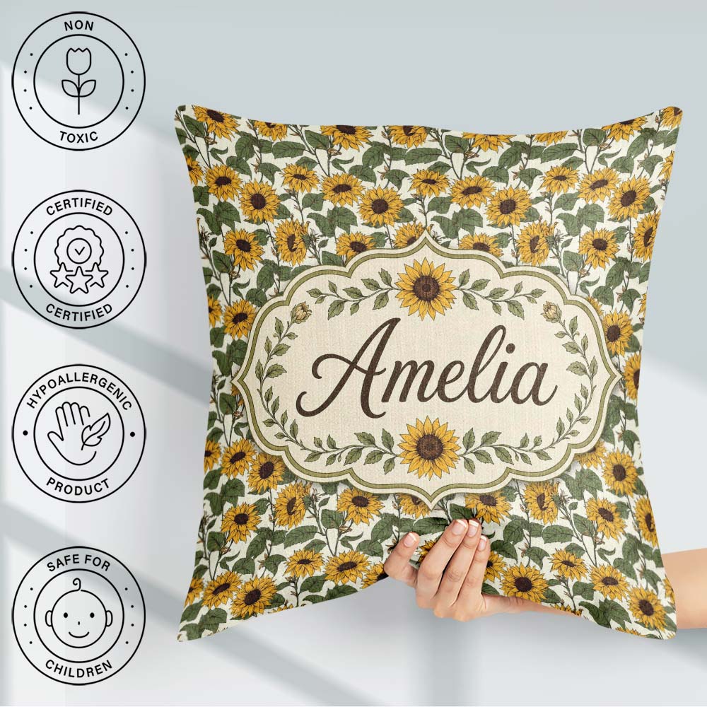 Custom Name Classic Sunflower Seamless Pattern Natural Botanical Square Filled Cushion Throw Pillow Sofa Bed Home Decor Zip Washable UK Made