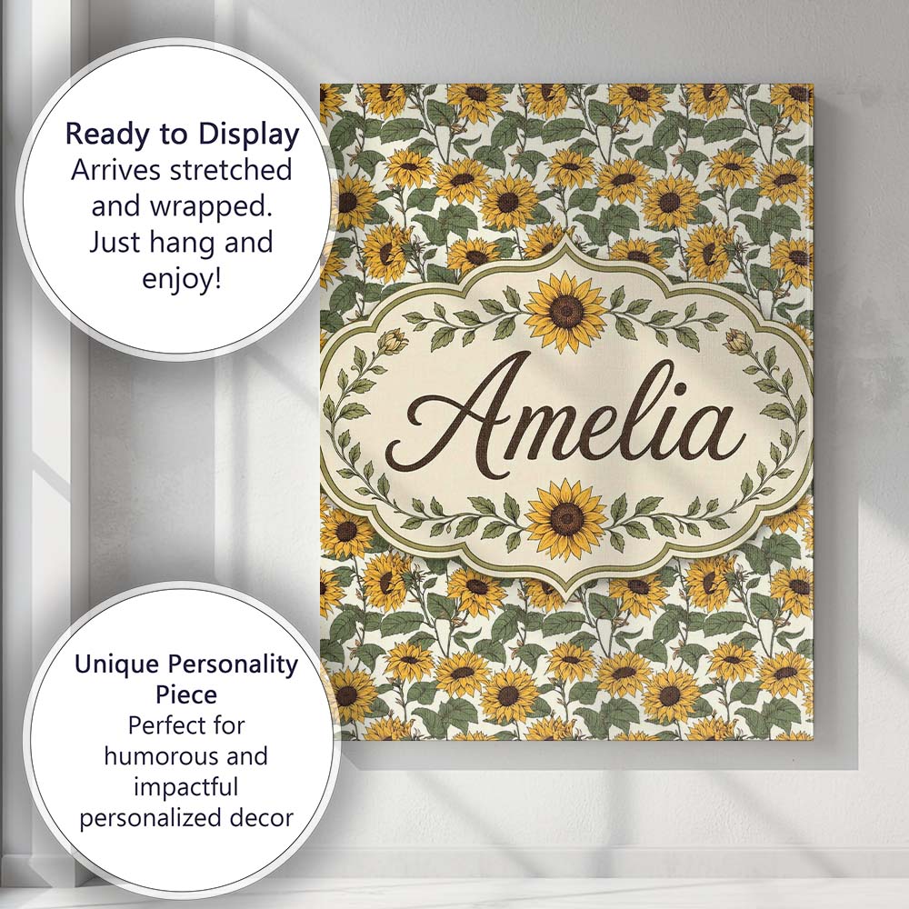 Personalised Name Classic Sunflower Floral Custom  Unique Gift Idea Elegant Feature Canvas Wall Art Print Decor Picture Ready to Hang
