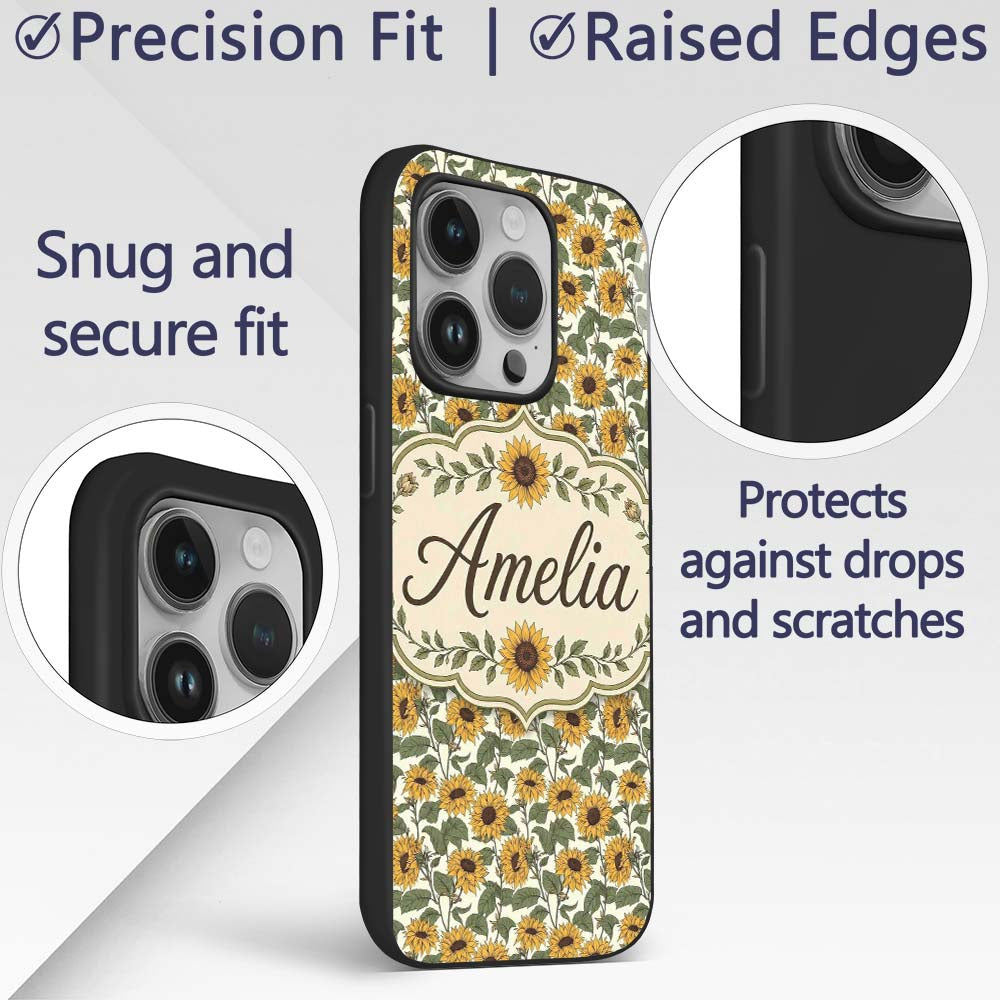 Classic Sunflower Floral Seamless Pattern Natural Custom Name Protective Phone Case Mobile Cover Durable Everyday Smartphone Shock Resistant