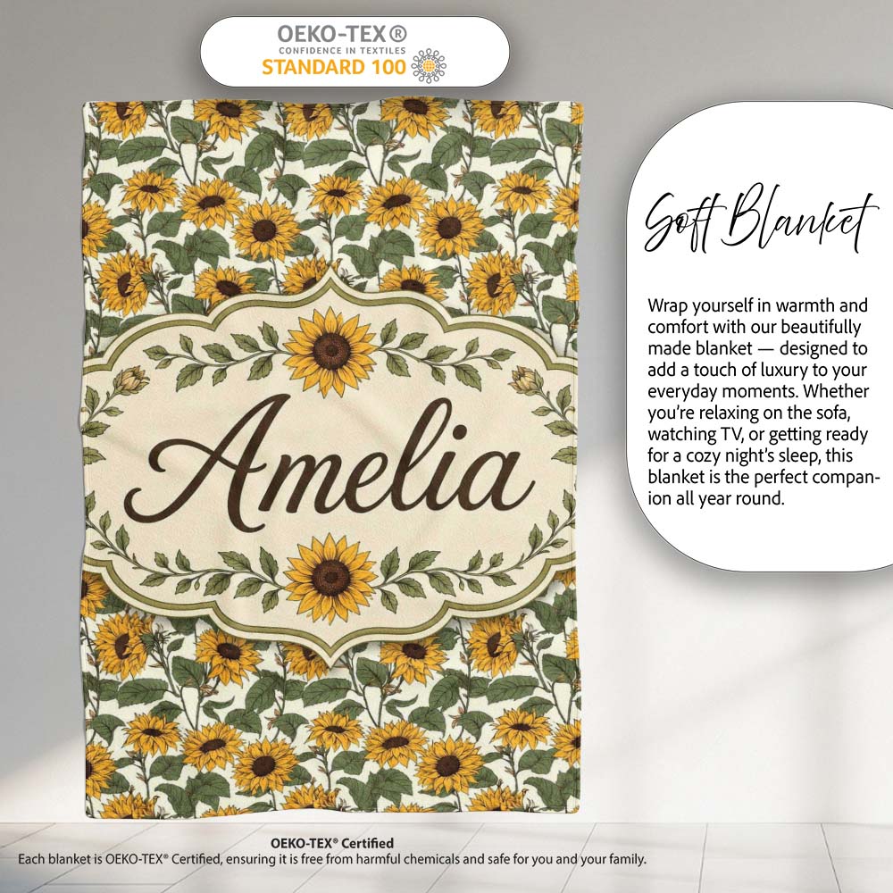 Classic Sunflower Floral Seamless Pattern Natural Botanical Garden  Personalised Custom Name Super Soft Fleece Blanket Bed Sofa Throw