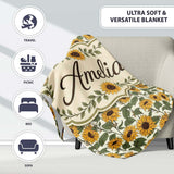 Classic Sunflower Floral Seamless Pattern Natural Botanical Garden  Personalised Custom Name Super Soft Fleece Blanket Bed Sofa Throw