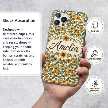 Classic Sunflower Floral Seamless Pattern Natural Custom Name Protective Phone Case Mobile Cover Durable Everyday Smartphone Shock Resistant