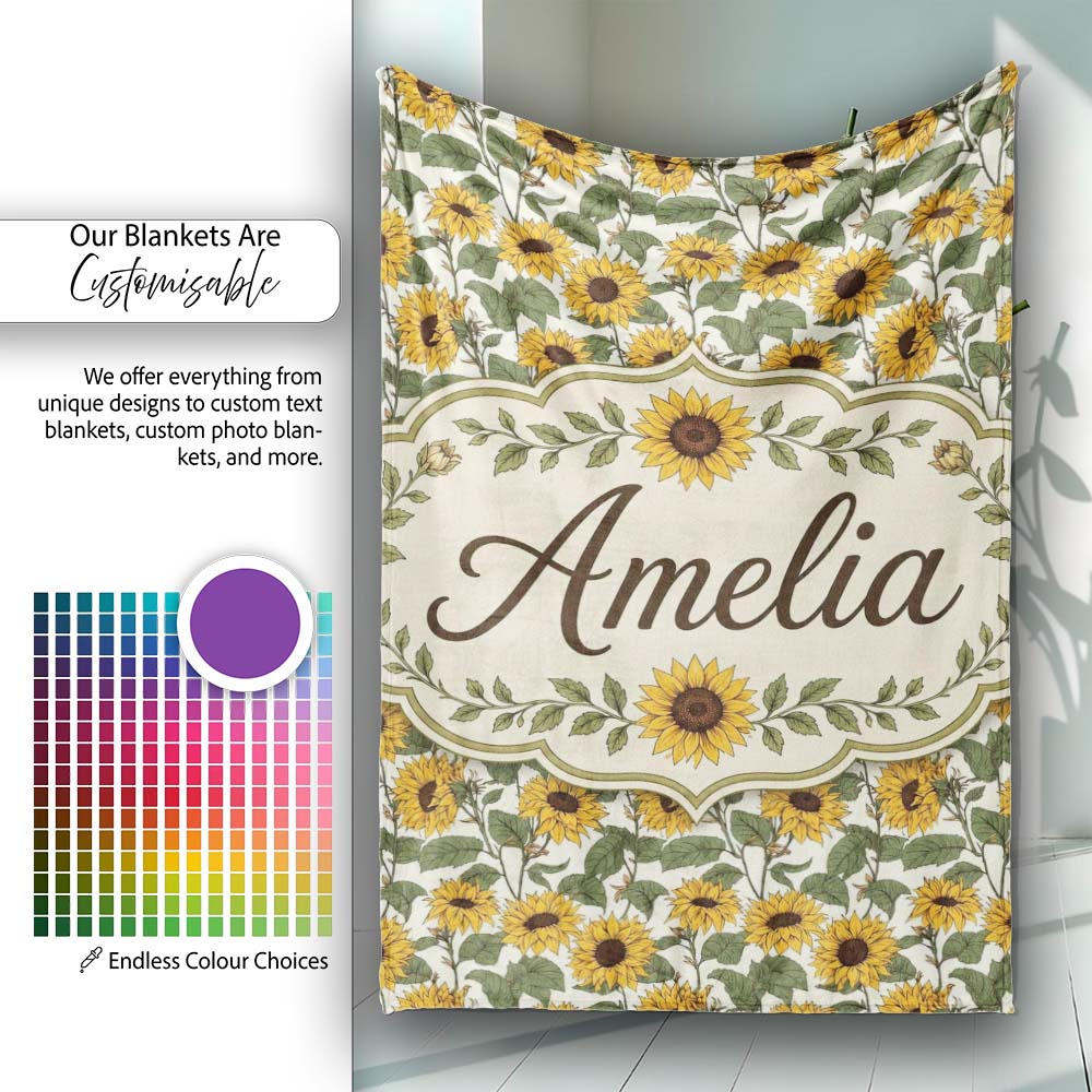 Classic Sunflower Floral Seamless Pattern Natural Botanical Garden  Personalised Custom Name Super Soft Fleece Blanket Bed Sofa Throw