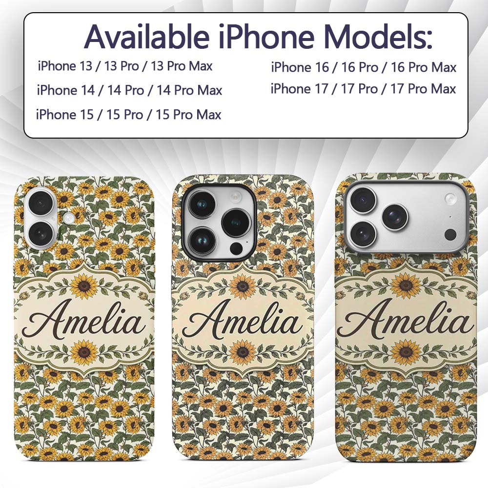 Classic Sunflower Floral Seamless Pattern Natural Custom Name Protective Phone Case Mobile Cover Durable Everyday Smartphone Shock Resistant
