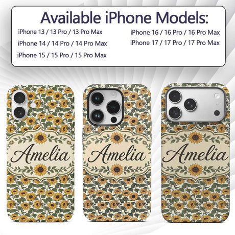 Classic Sunflower Floral Seamless Pattern Natural Custom Name Protective Phone Case Mobile Cover Durable Everyday Smartphone Shock Resistant
