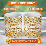 Personalized Custom Name Soft Yellow Sunflower Floral Seamless Pattern Light Botanical 11oz Ceramic Coffee Tea Mug White Large Handle