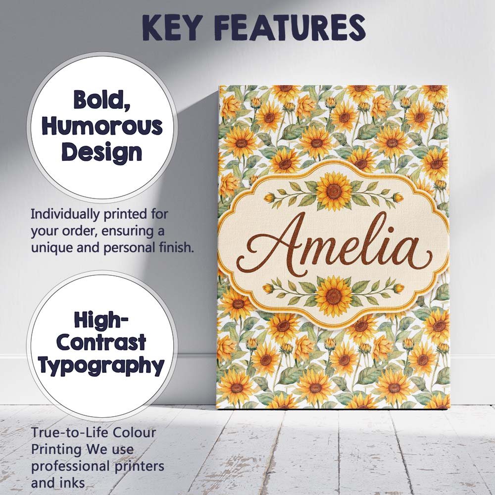 Personalised Name Soft Yellow Sunflower Custom  Modern Room Accent Elegant Feature Canvas Wall Art Print Decor Picture Ready to Hang