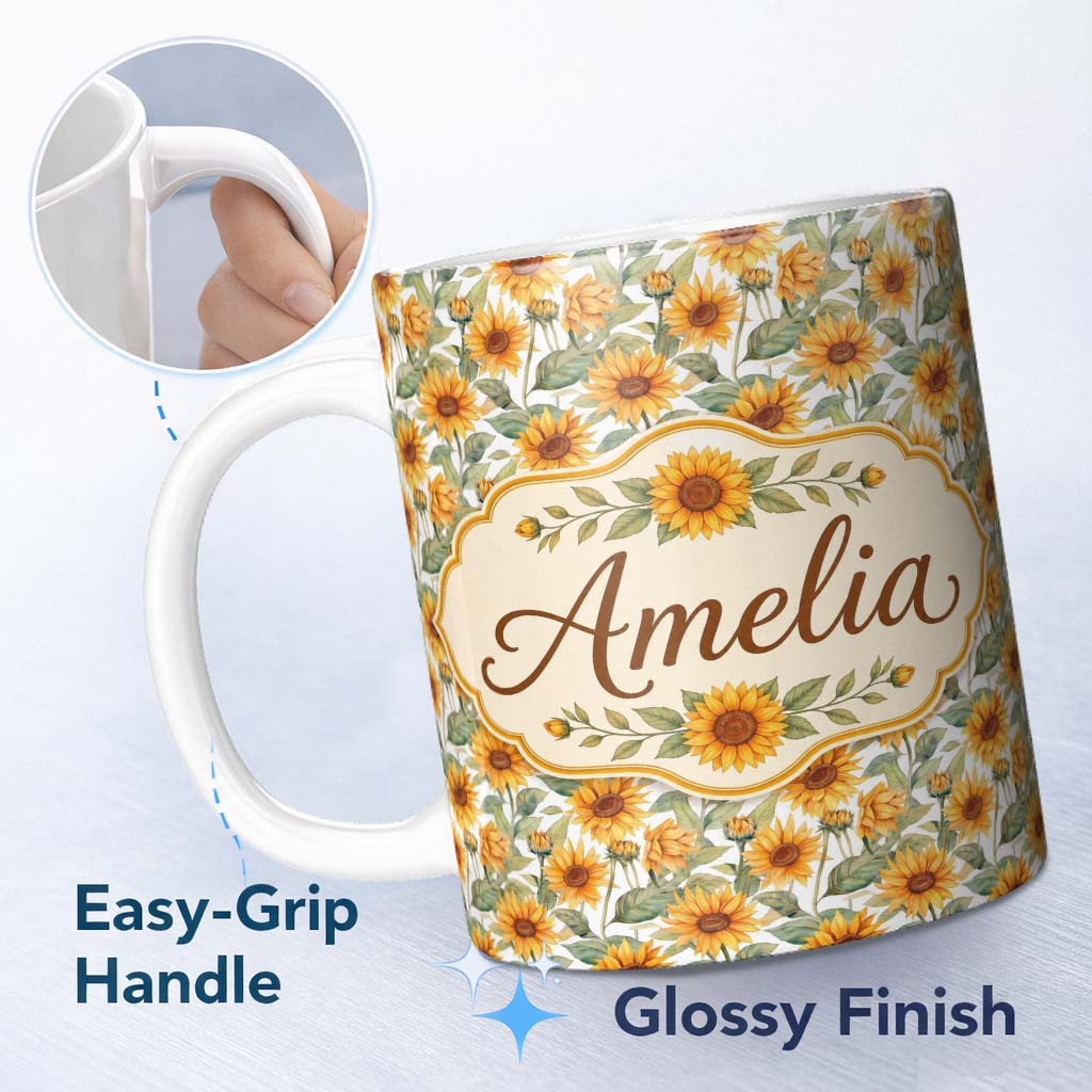 Personalized Custom Name Soft Yellow Sunflower Floral Seamless Pattern Light Botanical 11oz Ceramic Coffee Tea Mug White Large Handle