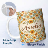 Personalized Custom Name Soft Yellow Sunflower Floral Seamless Pattern Light Botanical 11oz Ceramic Coffee Tea Mug White Large Handle