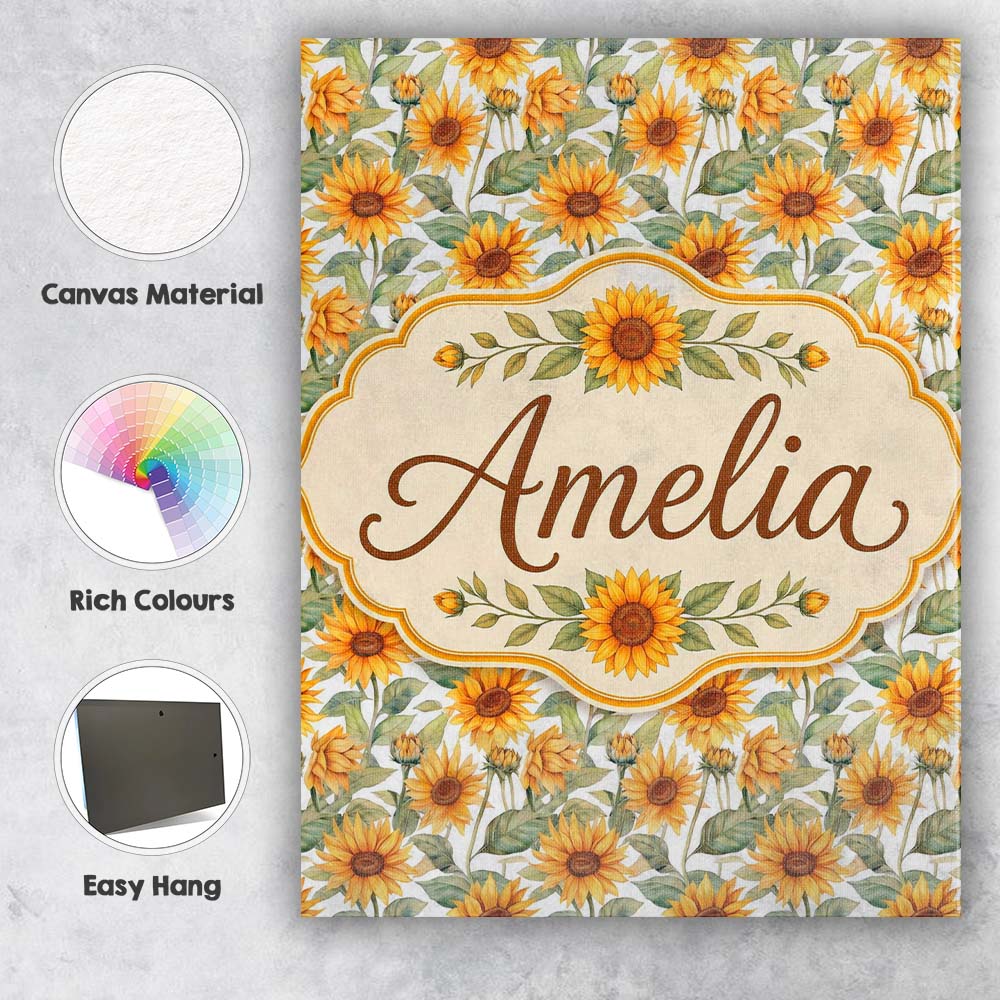 Personalised Name Soft Yellow Sunflower Custom  Modern Room Accent Elegant Feature Canvas Wall Art Print Decor Picture Ready to Hang