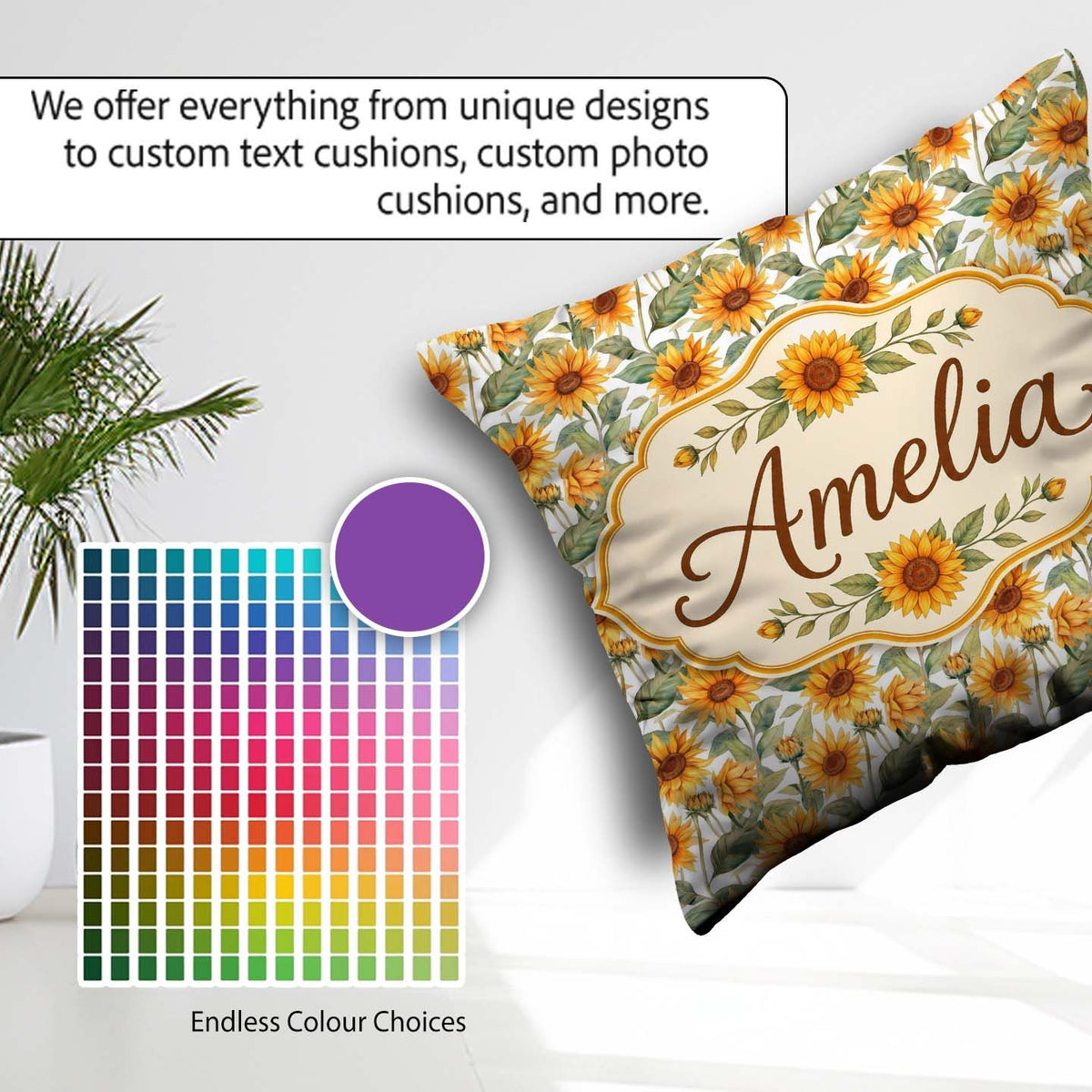 Custom Name Soft Yellow Sunflower Floral Pattern Light Botanical Square Filled Cushion Throw Pillow Sofa Bed Home Decor Zip Washable UK Made