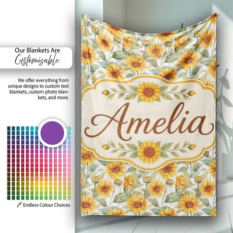 Soft Yellow Sunflower Floral Seamless Pattern Light Botanical  Personalised Custom Name Super Soft Fleece Blanket Bed Sofa Throw