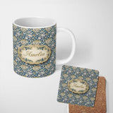 Personalized Custom Name Vintage Blue Floral Leaf Seamless Pattern Classic Botanical Garden 11oz Ceramic Coffee Tea Mug White Large Handle