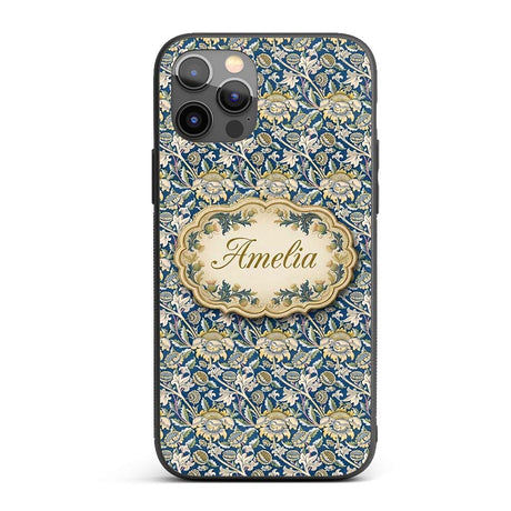 Vintage Blue Floral Leaf Seamless Pattern Classic Custom Name Protective Phone Case Mobile Cover Durable Everyday Smartphone Shock Resistant