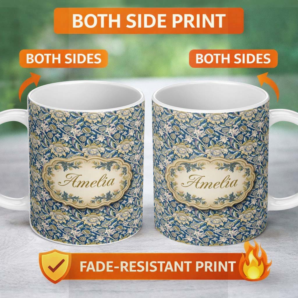 Personalized Custom Name Vintage Blue Floral Leaf Seamless Pattern Classic Botanical Garden 11oz Ceramic Coffee Tea Mug White Large Handle