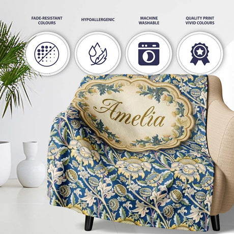 Vintage Blue Floral Leaf Seamless Pattern Classic Botanical Garden  Personalised Custom Name Super Soft Fleece Blanket Bed Sofa Throw