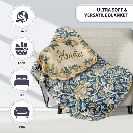 Vintage Blue Floral Leaf Seamless Pattern Classic Botanical Garden  Personalised Custom Name Super Soft Fleece Blanket Bed Sofa Throw