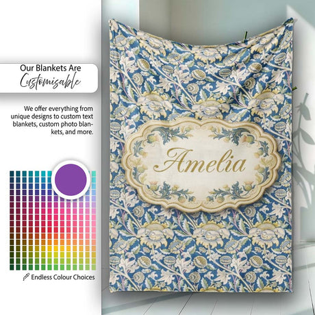 Vintage Blue Floral Leaf Seamless Pattern Classic Botanical Garden  Personalised Custom Name Super Soft Fleece Blanket Bed Sofa Throw