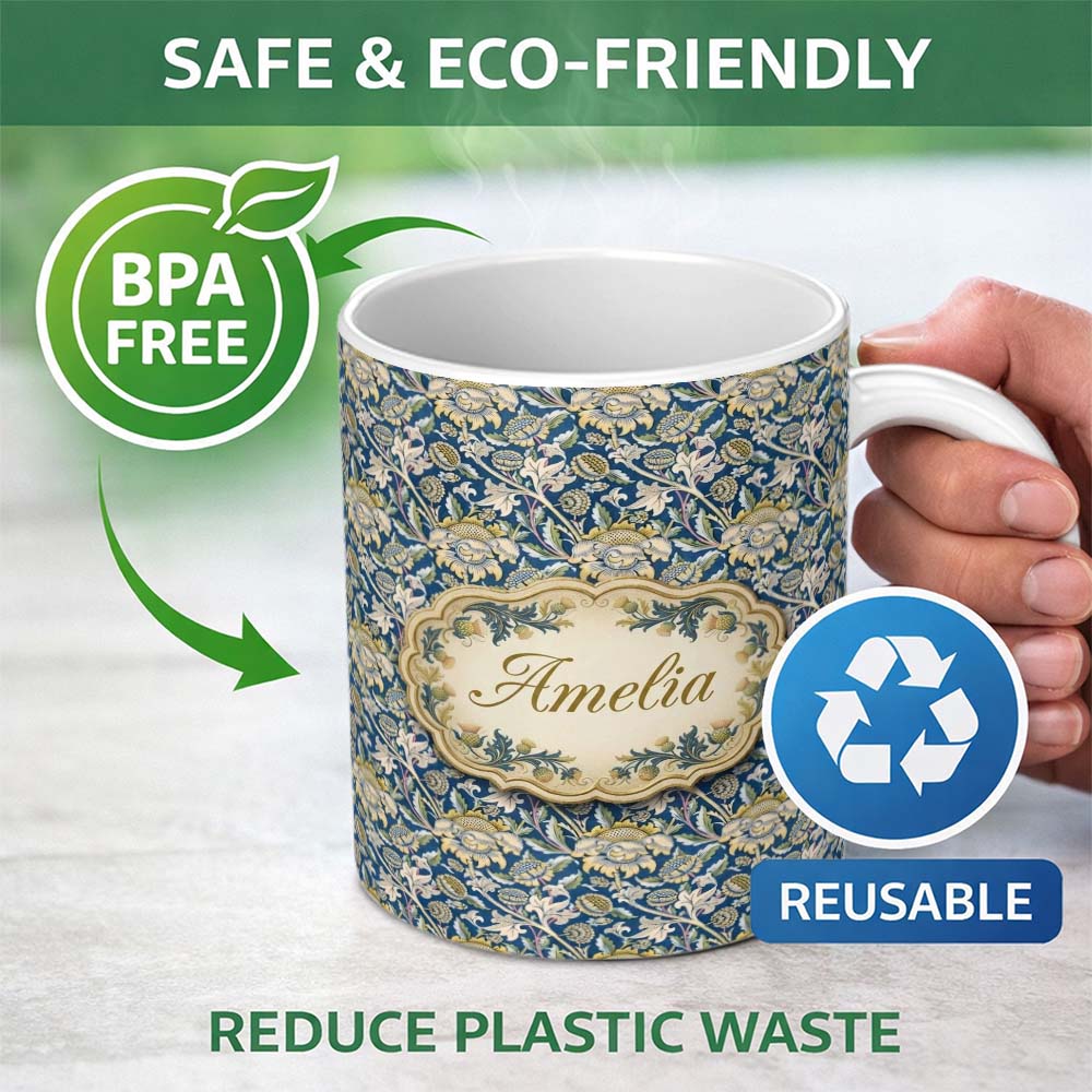 Personalized Custom Name Vintage Blue Floral Leaf Seamless Pattern Classic Botanical Garden 11oz Ceramic Coffee Tea Mug White Large Handle