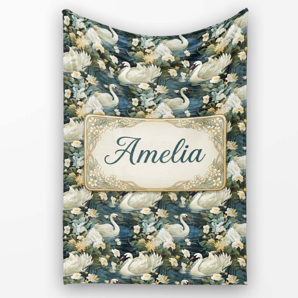 Elegant White Swan Floral Lake Seamless Pattern Vintage Nature  Personalised Custom Name Super Soft Fleece Blanket Bed Sofa Throw
